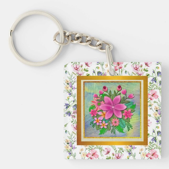 Elegant Watercolor Flower Botanical Spring Bouquet Key Ring (Front)