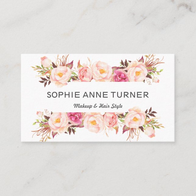 Elegant Watercolor Flower Frame Makeup Hair Style Business Card (Front)