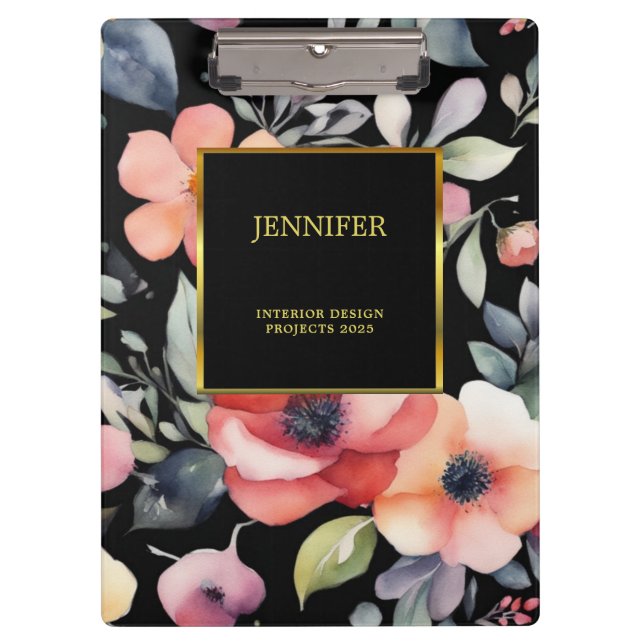 Elegant watercolor flowers black gold professional clipboard (Front)
