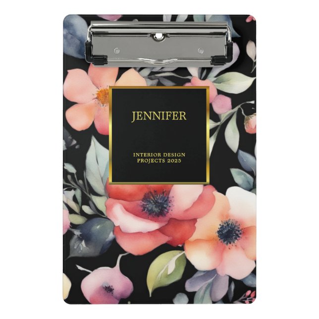 Elegant watercolor flowers black gold professional mini clipboard (Front)