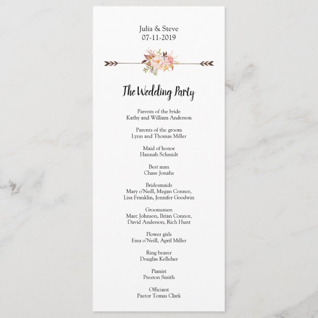Elegant Watercolor Flowers Bohemian Wedding Programme (Front)
