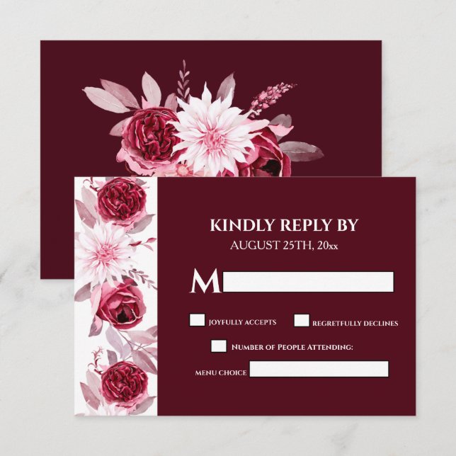 Elegant Watercolor Flowers Burgundy Wedding RSVP Card (Front/Back)
