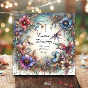 Elegant Watercolor Flowers Easter Blessings  Holiday Card