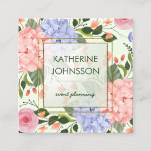 Elegant watercolor flowers hydrangea faux gold square business card