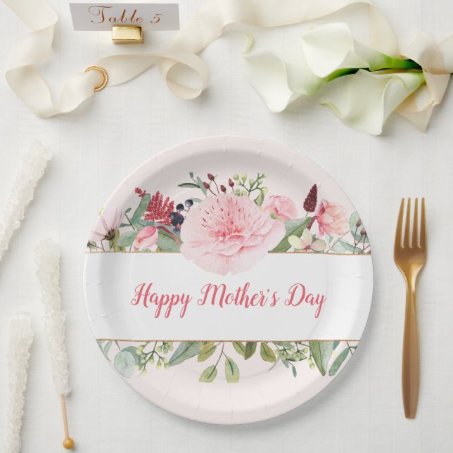 Elegant Watercolor Flowers Mothers Day Paper Plate (Wedding)
