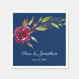 Elegant Watercolor Flowers Navy Blue Wedding Napkin