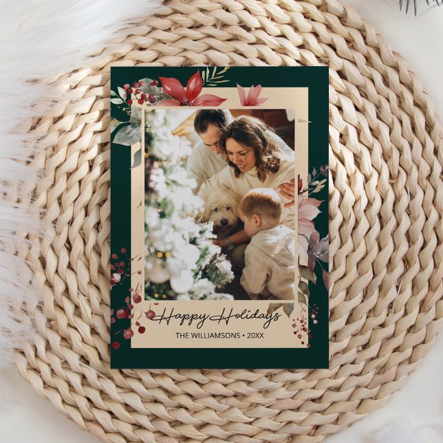 Elegant Watercolor Flowers Photo Christmas Card (Creator Uploaded)