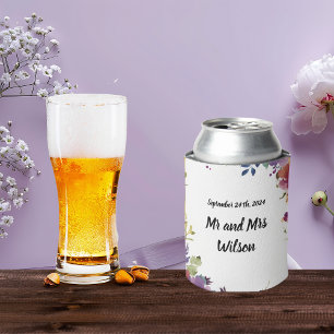 Elegant Watercolor Flowers Wedding  Can Cooler