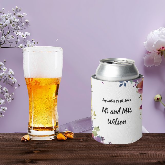 Elegant Watercolor Flowers Wedding  Can Cooler (Creator Uploaded)