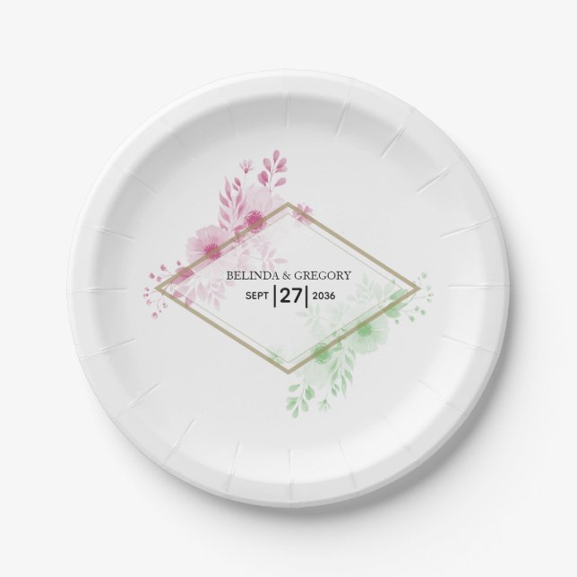 Elegant Watercolor Flowers Wedding  Paper Plate (Front)
