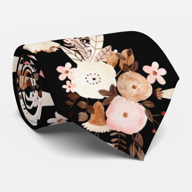  Elegant Watercolor Flowers Wedding Pink and Black Tie (Rolled)