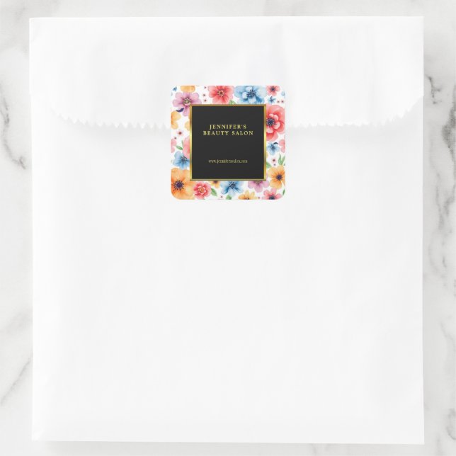 Elegant watercolor flowers white gold professional square sticker (Bag)