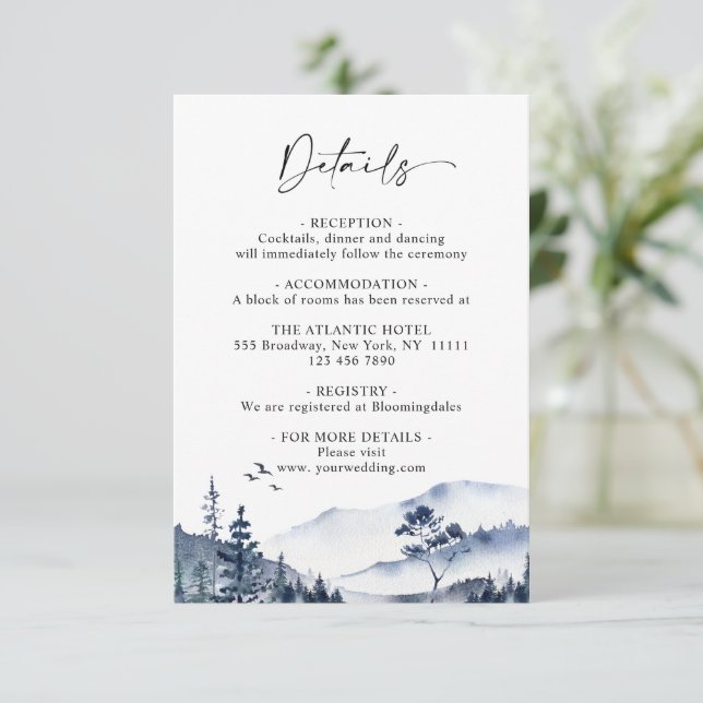 Elegant Watercolor Foggy Forest Details Enclosure Card (Standing Front)