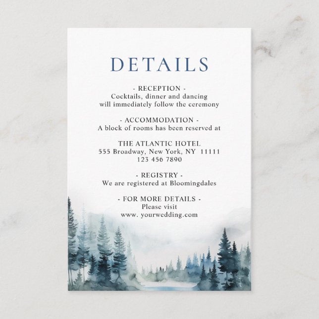 Elegant Watercolor Foggy Forest Details Enclosure Card (Front)
