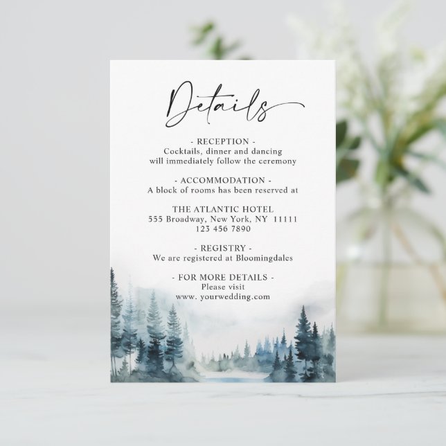Elegant Watercolor Foggy Forest Details Enclosure Card (Standing Front)