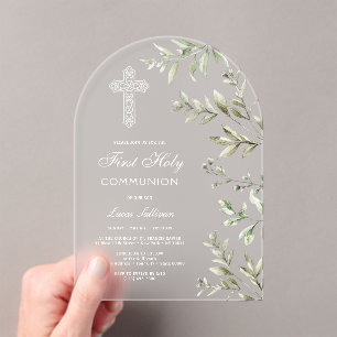 Elegant Watercolor Foliage Arch First Communion Acrylic Invitations