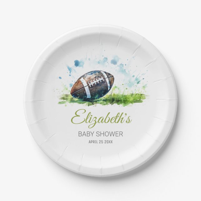 Elegant Watercolor Football Baby Shower Paper Plate (Front)