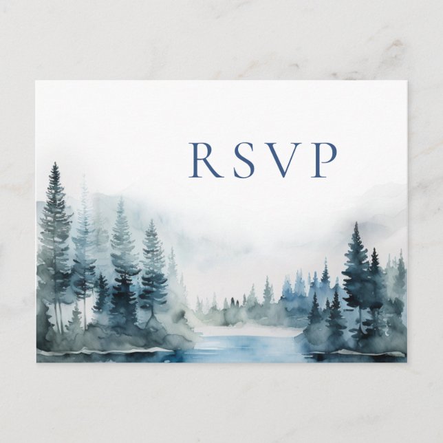 Elegant Watercolor Forest Mountains Wedding RSVP Postcard (Front)