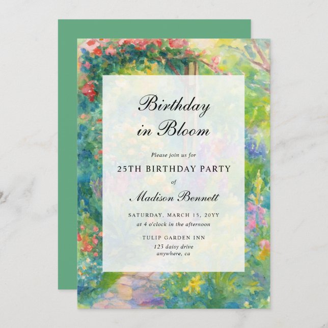 Elegant Watercolor Garden Adult Birthday Party Invitation (Front/Back)