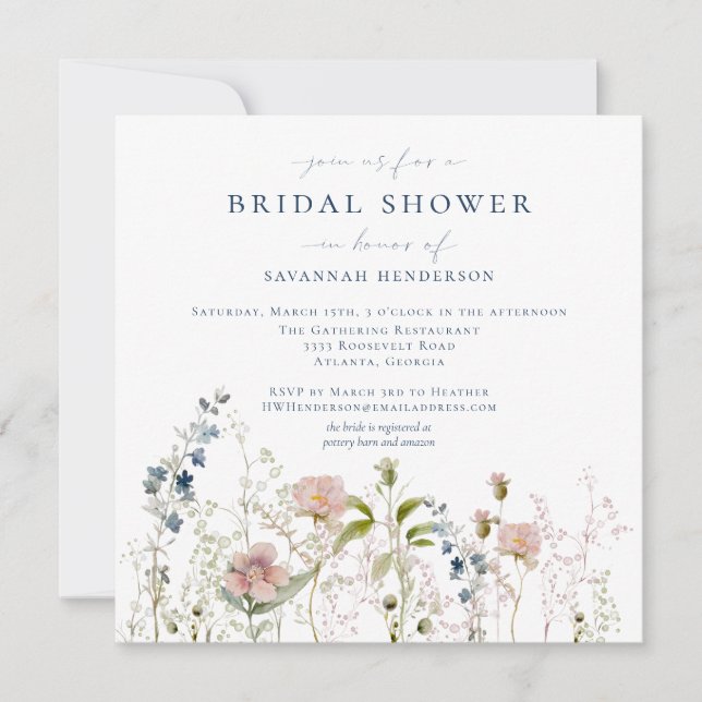 Elegant Watercolor Garden Flowers Bridal Shower Invitation (Front)