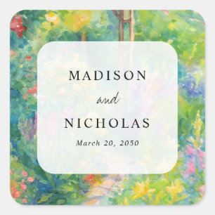 Elegant Watercolor Garden Themed Wedding Favor Square Sticker