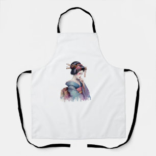 Elegant Watercolor Geisha in Soft Teal and Plum Apron