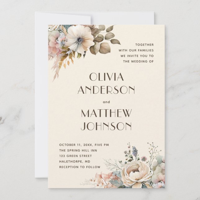 Elegant watercolor gentle garden floral wedding invitation (Front)