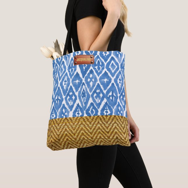 Elegant Watercolor Geometric Rattan Look Tote Bag (Close Up)
