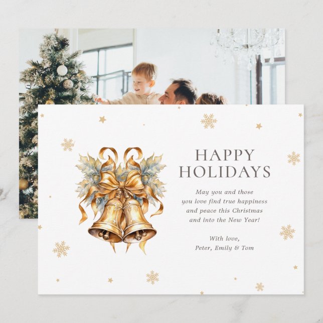 Elegant Watercolor Gold Bells Snowflake Photo Holiday Card (Front/Back)