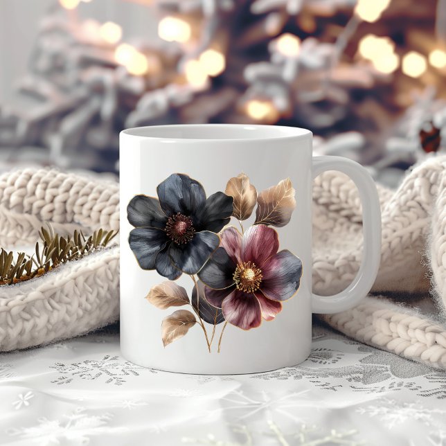 Elegant watercolor gold black burgundy flowers coffee mug (Creator Uploaded)
