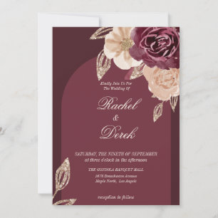 Elegant Watercolor Gold Burgundy Floral Wedding Invitation
