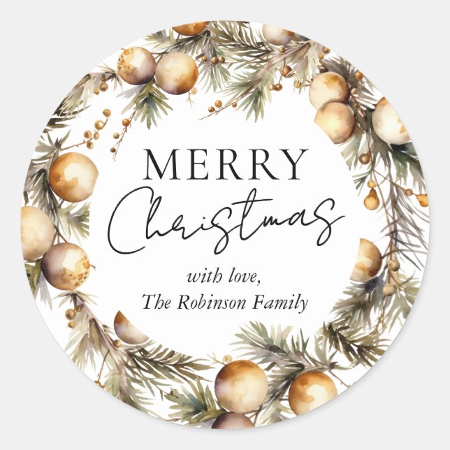 Elegant Watercolor Gold Foliage Christmas Classic Round Sticker (Front)