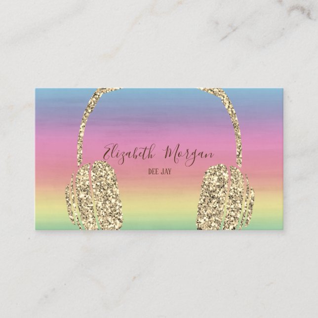 Elegant Watercolor, Gold Glitter Headphone DJ Business Card (Front)