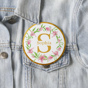 Elegant Watercolor Gold Pink Floral Lily Monogram 10 Cm Round Badge
