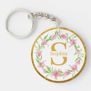 Elegant Watercolor Gold Pink Floral Lily Monogram Key Ring