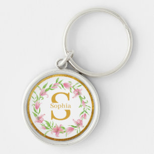 Elegant Watercolor Gold Pink Floral Lily Monogram Key Ring
