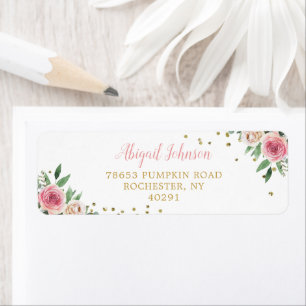 Elegant Watercolor Gold Pink Floral Return Address