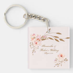 Elegant Watercolor Gold Pink Roses Wedding Acrylic Key Ring