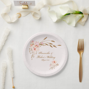 Elegant Watercolor Gold Pink Roses Wedding Paper Plate