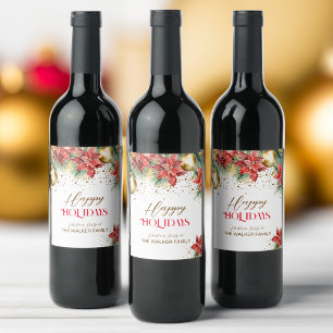 Elegant watercolor gold red poinsettia Christmas Wine Label