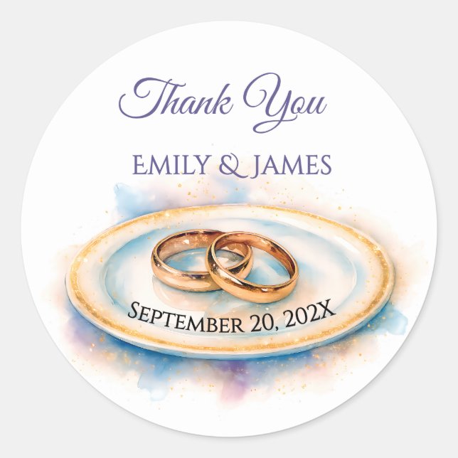 Elegant Watercolor Golden Rose Wedding Rings Classic Round Sticker (Front)