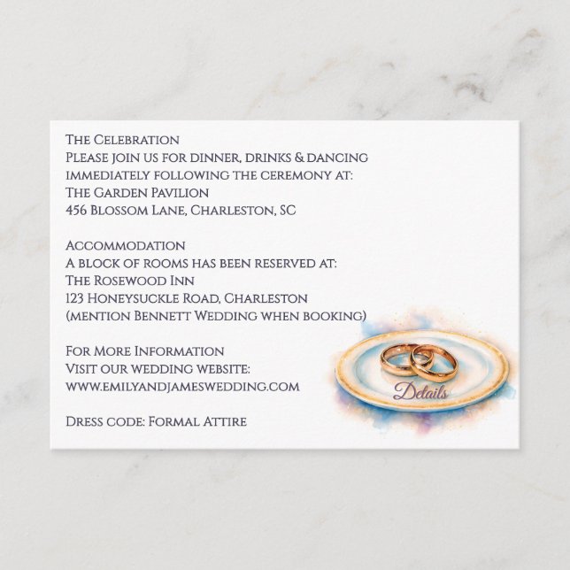 Elegant Watercolor Golden Rose Wedding Rings Enclosure Card (Front)