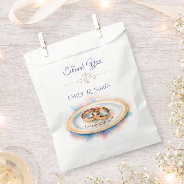 Elegant Watercolor Golden Rose Wedding Rings Favour Bags (Clipped)