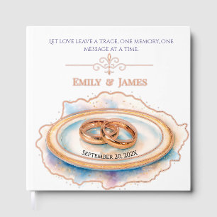 Elegant Watercolor Golden Rose Wedding Rings Guest Book