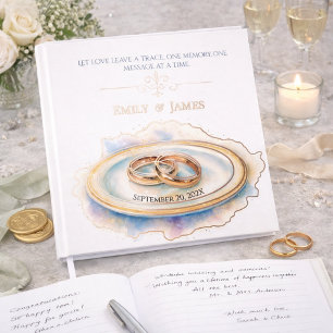 Elegant Watercolor Golden Rose Wedding Rings Guest Book
