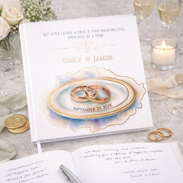 Elegant Watercolor Golden Rose Wedding Rings Guest Book (Creator Uploaded)