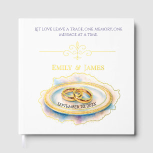Elegant Watercolor Golden Rose Wedding Rings Guest Book
