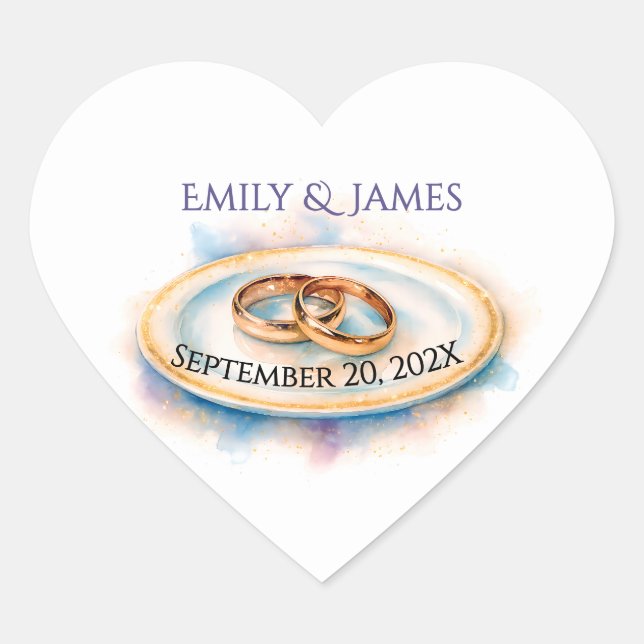 Elegant Watercolor Golden Rose Wedding Rings Heart Sticker (Front)