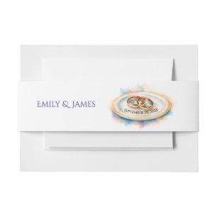 Elegant Watercolor Golden Rose Wedding Rings Invitation Belly Band
