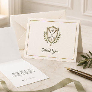 Elegant Watercolor Golf Crest Monogram Ivory Thank You Card